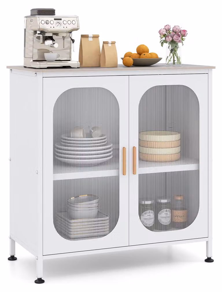 Mobile contenitore laterale, credenza con ripiano, mobile buffet con doppia porta, armadio contenitore Acciaio al carbonio e pietra sinterizzata, 83 x 42 x 85,5 cm, bianco