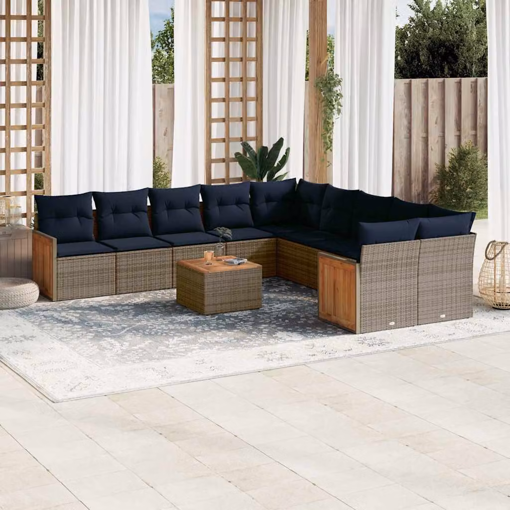 Set Divani da Giardino vidaXL 11 pz in Polyrattan Grigio con Cuscini e Tavolino