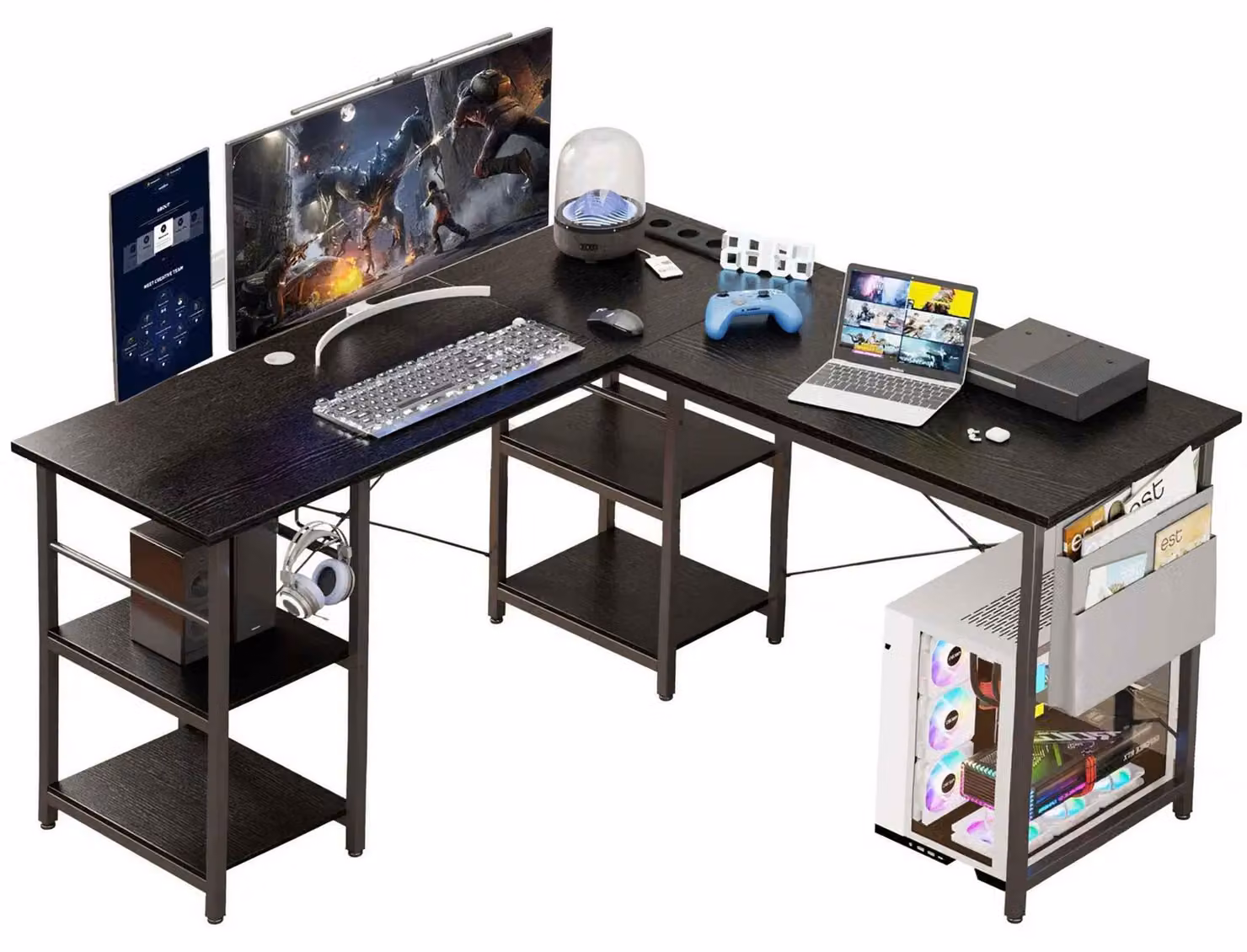 Scrivania angolare AIORBER, scrivania per computer con presa di corrente e porta USB, scrivania da ufficio con scaffali e tasca laterale, scrivania per gamer, ideale per l'ufficio domestico, colore nero
