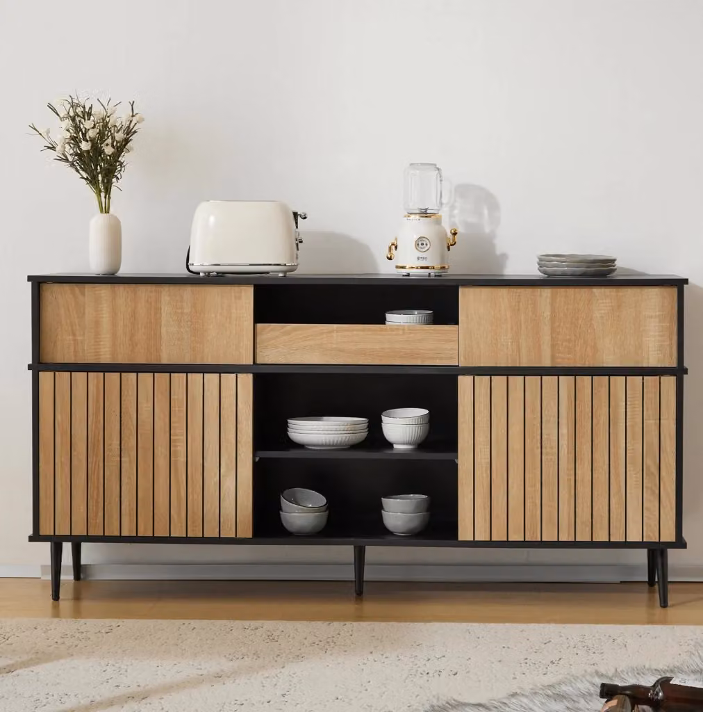 Credenza moderna con ante scorrevoli e cassetto in finitura nero e rovere, L: 80 cm, P: 40 cm, H: 40 cm – 2