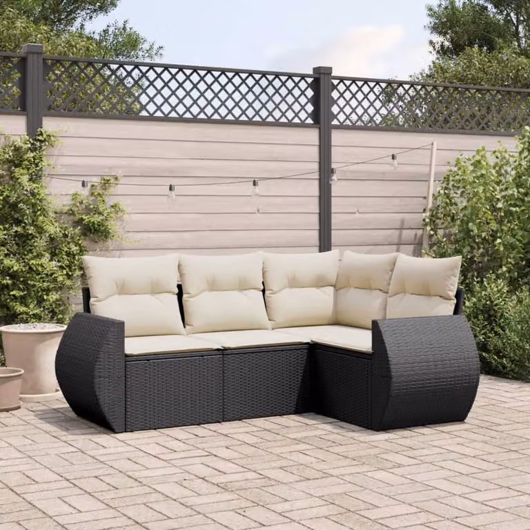 Set di divani da giardino vidaXL a forma di L composto da 4 pezzi con cuscini, struttura in metallo e rattan nero e bianco