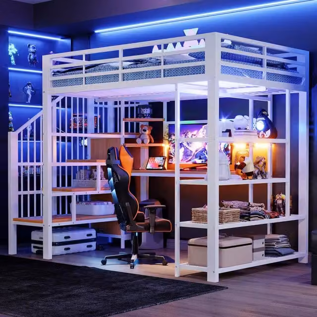 Letto a soppalco ¨C Minimal ¨C Bianco metallo 140x200 cm con scrivania mensole e LED