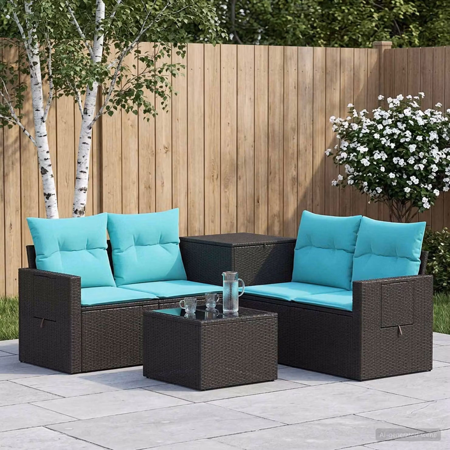 Set di divani da giardino vidaXL 6 pezzi in polyrattan e metallo con cuscini, nero e blu