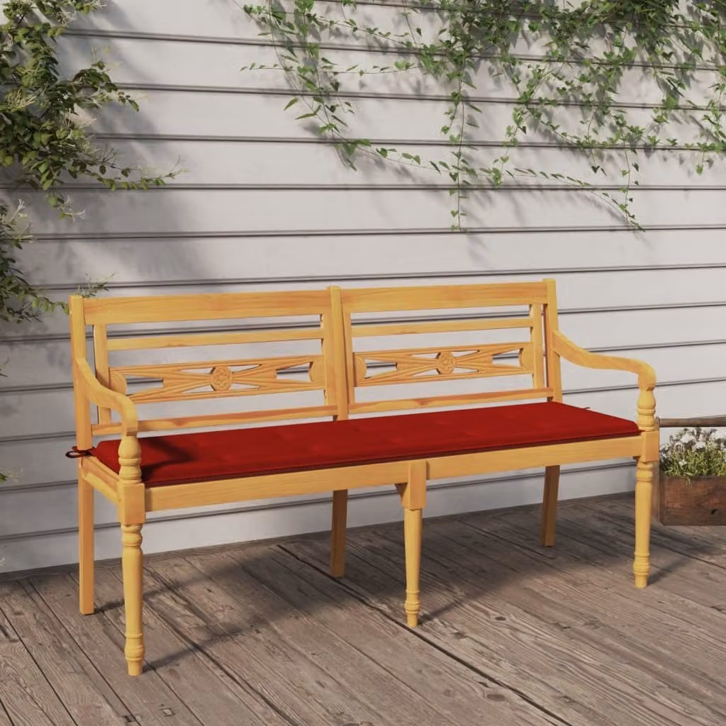 The Living Store Panca Batavia con cuscino rosso 150 cm in teak massiccio