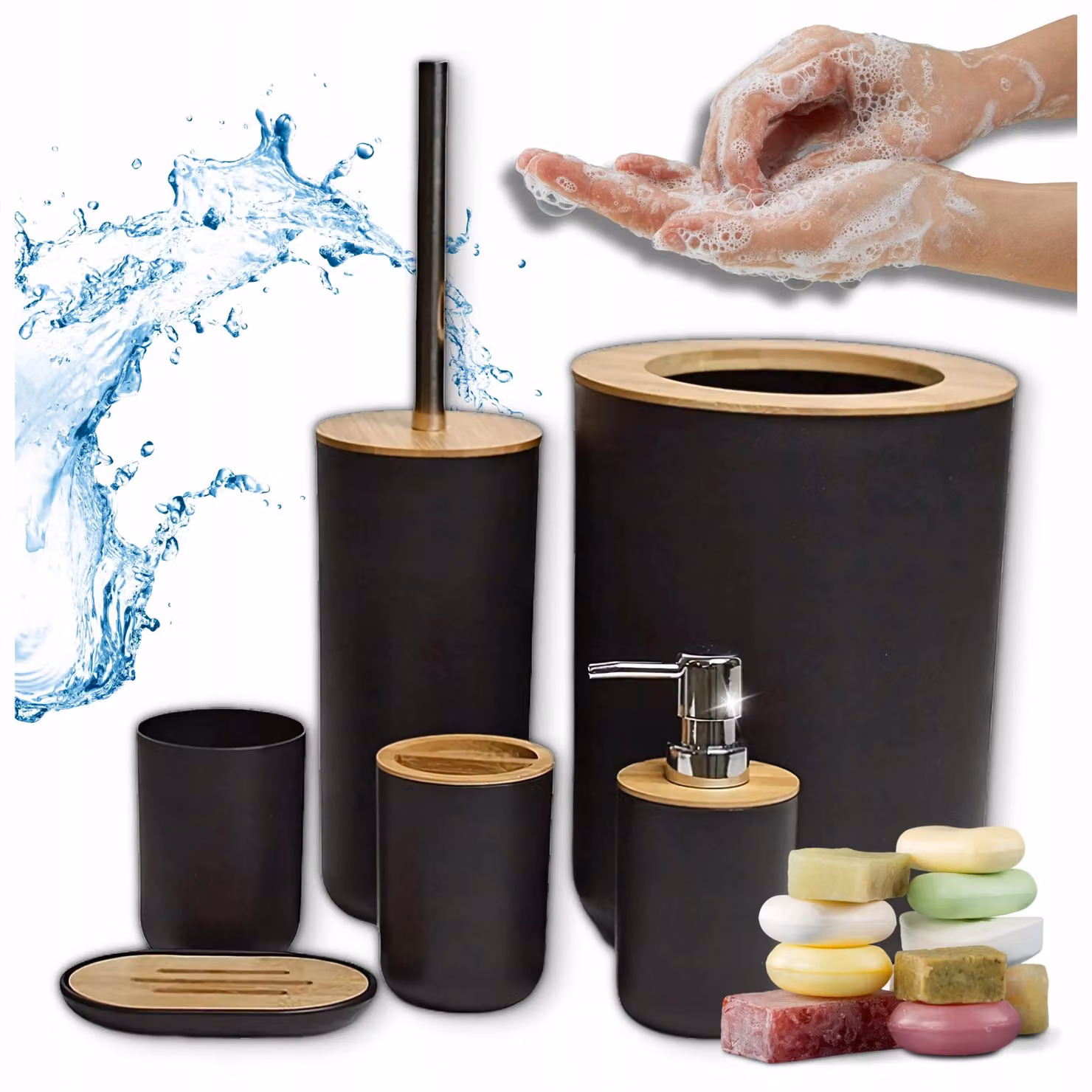 Set da bagno 6-in-1, nero, con cestino in bambù, dispenser per liquidi e porta sapone