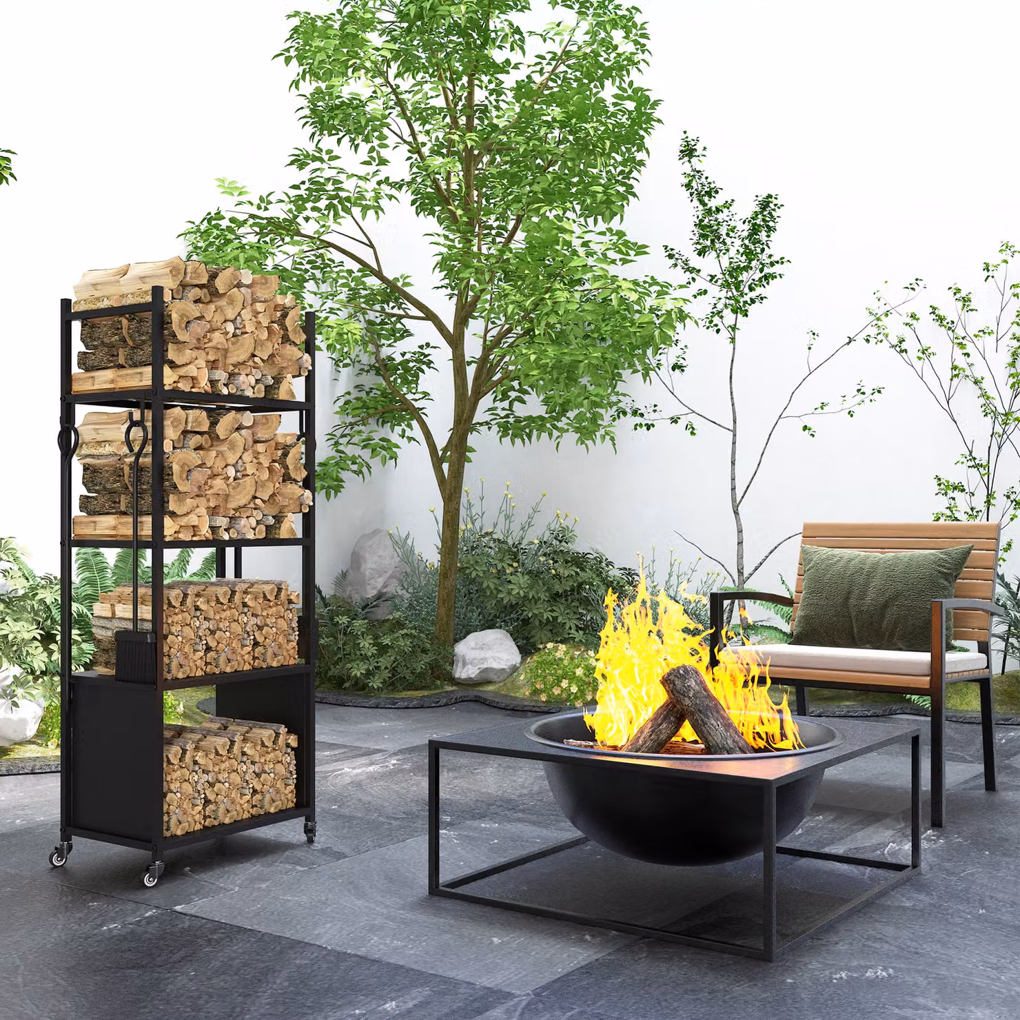 Porta Legna Outsunny per Interni ed Esterni con Ruote e 4 Utensili, Legnaia in Metallo Nero, H 118 x L 45 x P 30 cm – 2