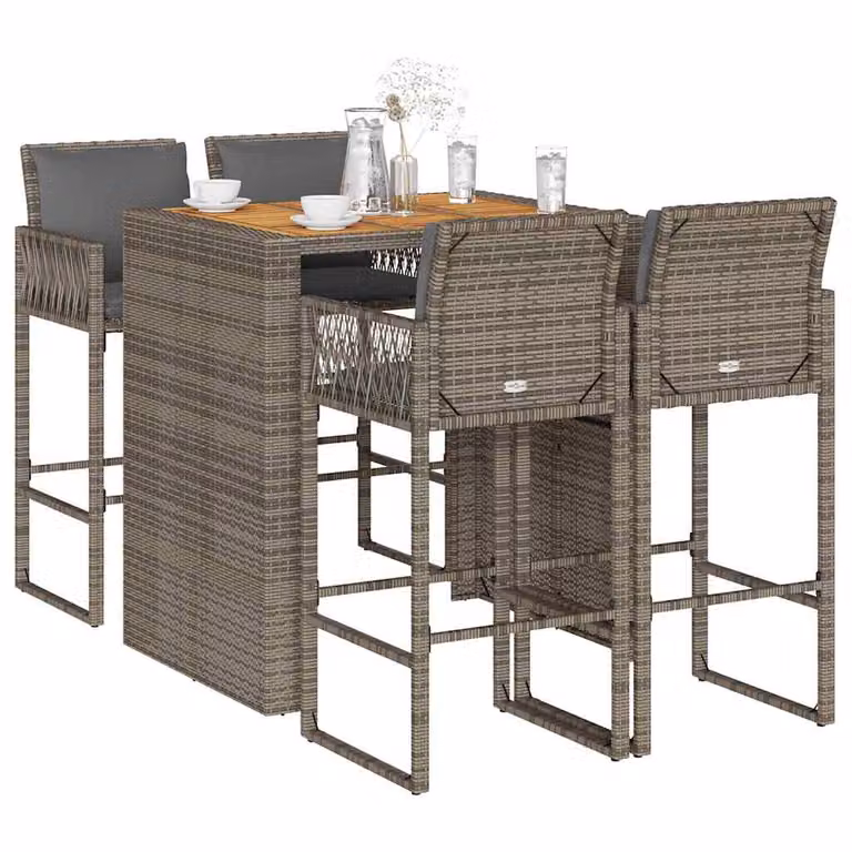 Set Bar da Giardino vidaXL in Polyrattan e Legno di Acacia con 5 Cuscini, Nero