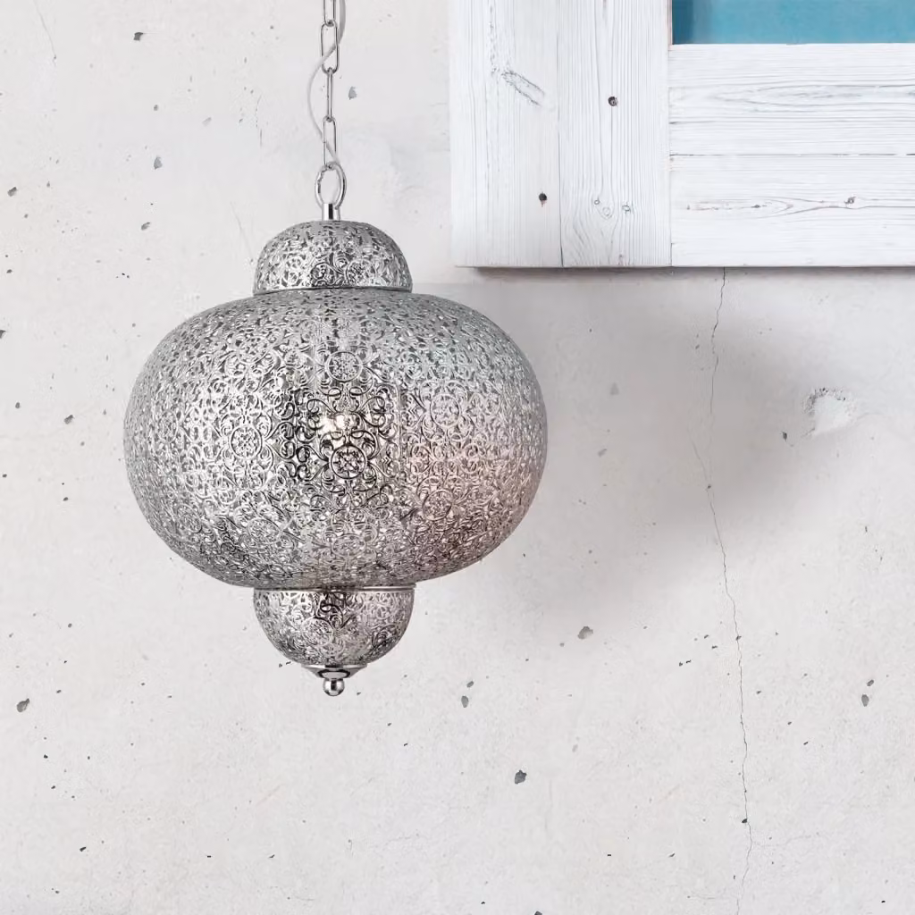 Lampada a sospensione SEARCHLIGHT in acciaio cromato con design traforato e attacco E27 per cucina o sala da pranzo – 2