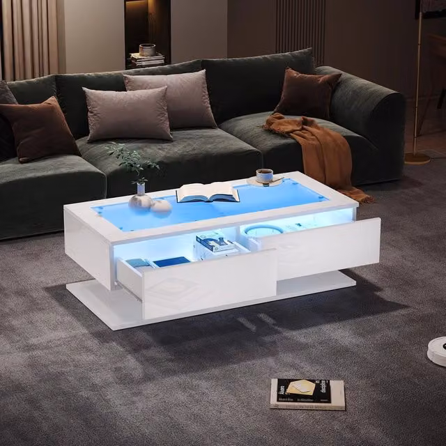 Tavolino da caffè MINIMAL con piano in vetro e LED, bianco lucido, L: 100 cm, P: 50 cm, H: 35 cm