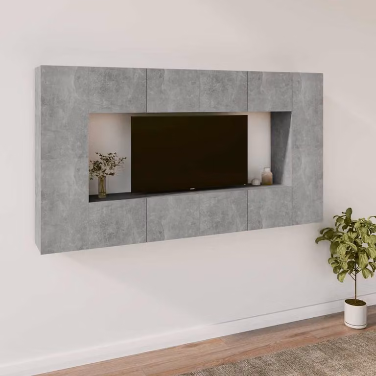 Set di mobili porta TV da 8 pezzi vidaXL in legno e MDF, colore grigio cemento, design classico a parete per il tuo soggiorno, L: 80 cm, P: 30 cm, H: 30 cm
