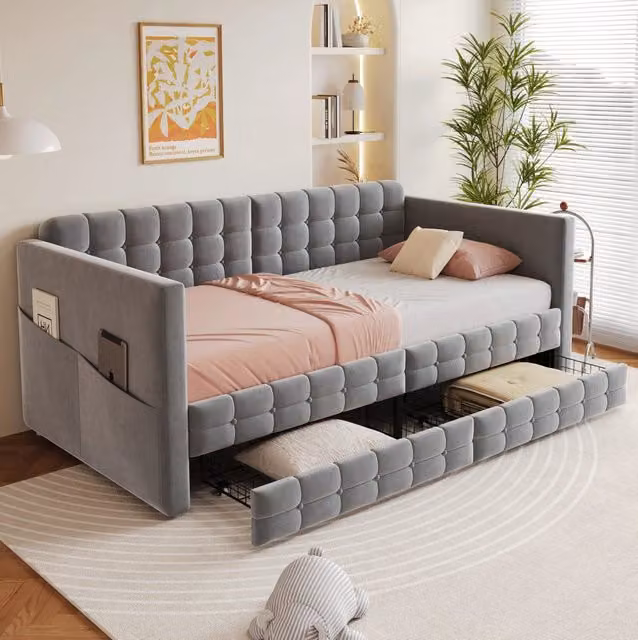 Letto imbottito 90x190 cm con 2 cassetti; tasche laterali e rivestimento in velluto grigio