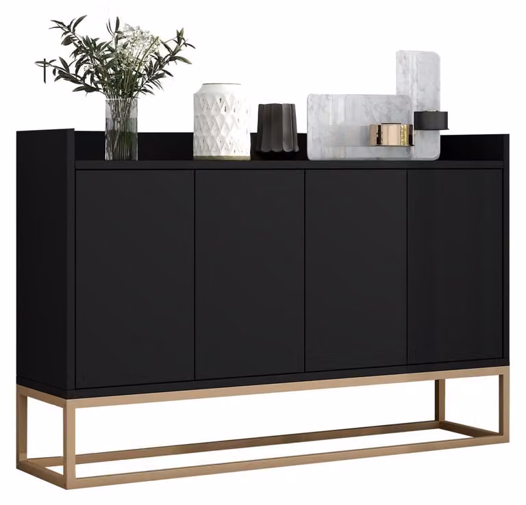 Credenza da 120 cm, nera, con 4 ante e piano di lavoro, dimensioni 120x30x80 cm