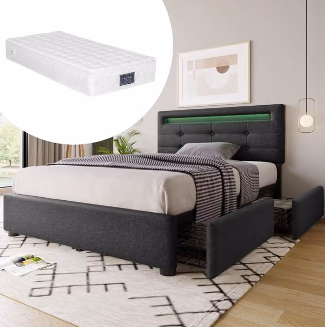 Letto singolo imbottito 90x200 cm con LED, 2 cassetti e materasso a molle grigio, testiera regolabile in altezza