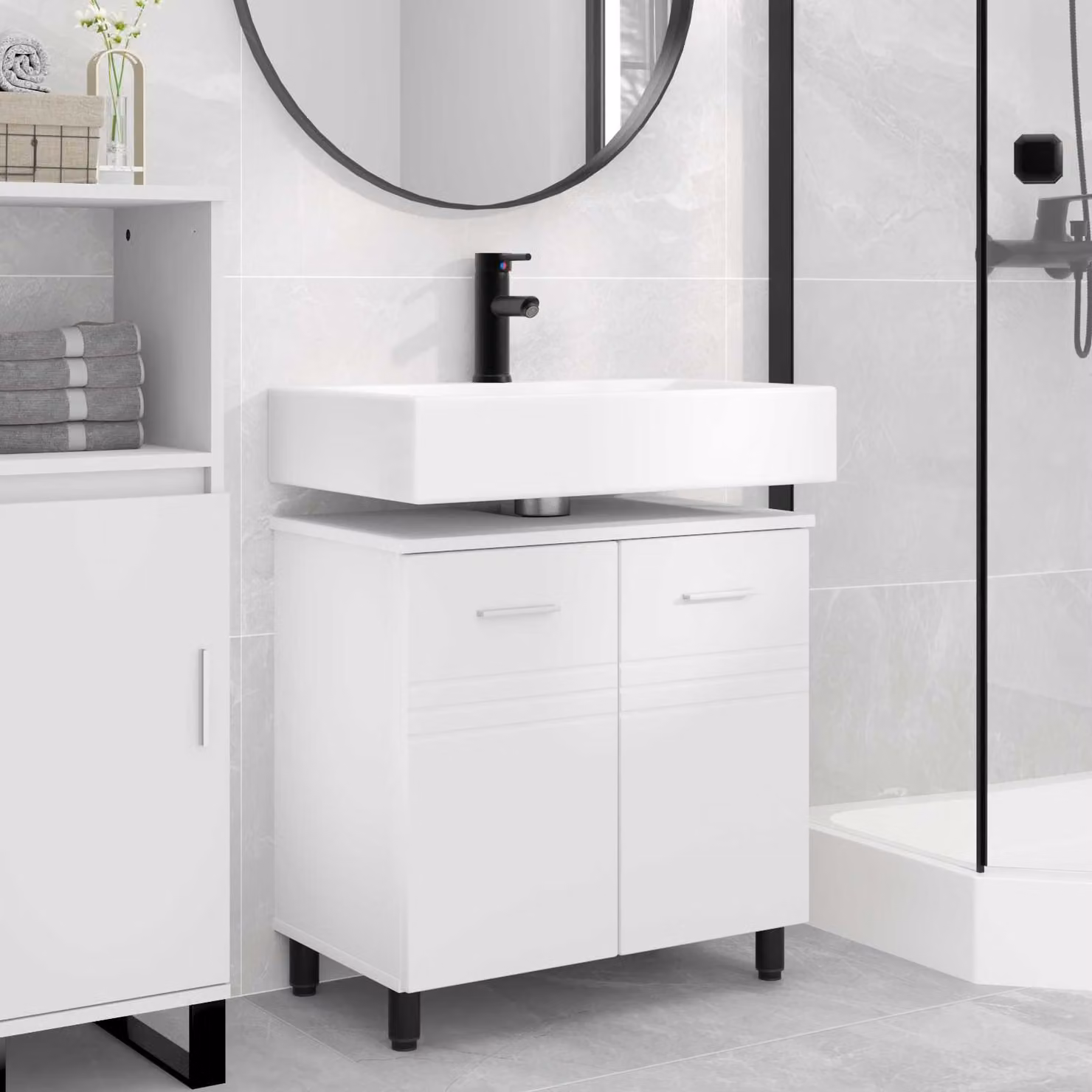 vidaXL Mobiletto da bagno moderno Bianco in MDF con ante a battente e ripiani interni L/P/H: 60 x 35 x 60 cm