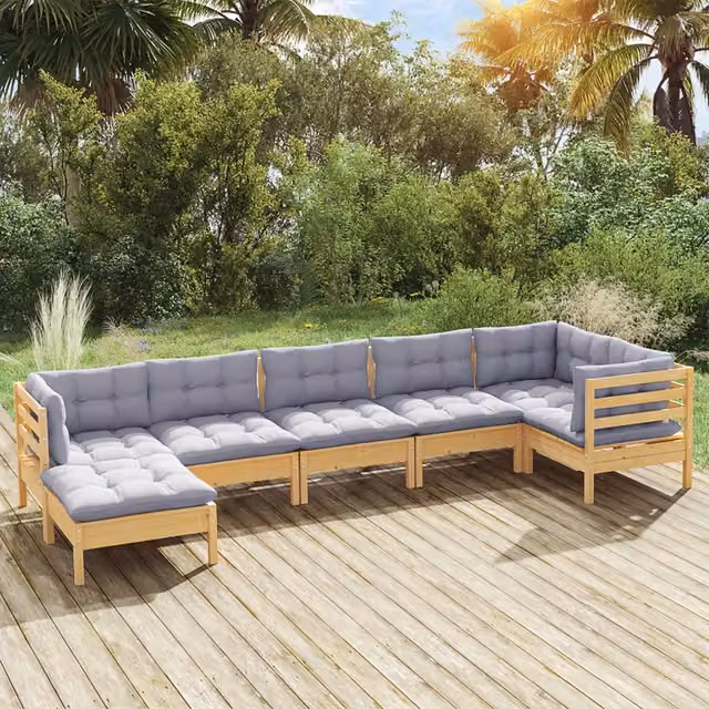 Set Divani da Giardino 7 pz con Cuscini Grigi Massello di Pino 3096549