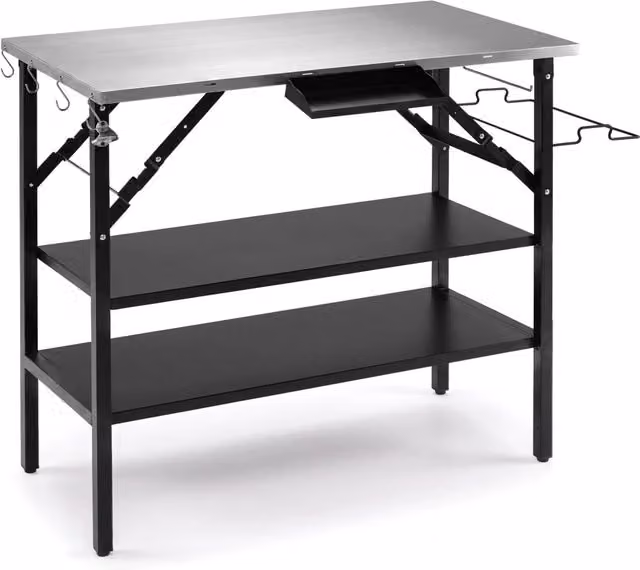 Tavolo da barbecue pieghevole in metallo con ripiano regolabile, tavolino da esterno moderno per picnic e campeggio in nero e argento