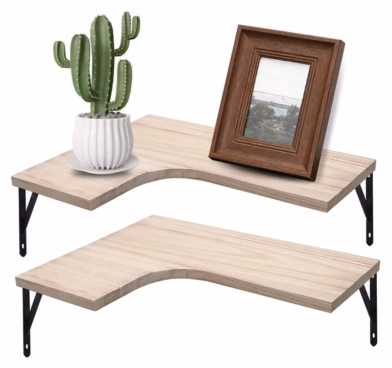 Set di 2 mensole da parete in legno, 40x30 cm, forma a L, colore naturale