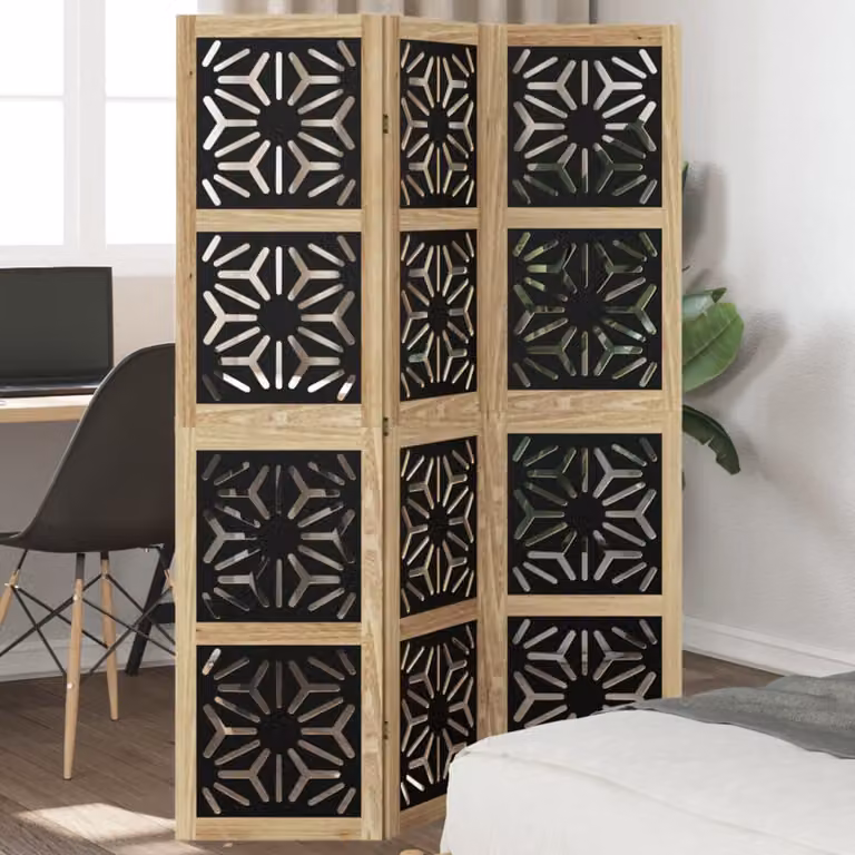 Divisorio Ambienti vidaXL a 3 Pannelli in Legno di Paulownia Massello, Design Geometrico Moderno, Marrone e Nero, H: 160 cm, L: 110 cm