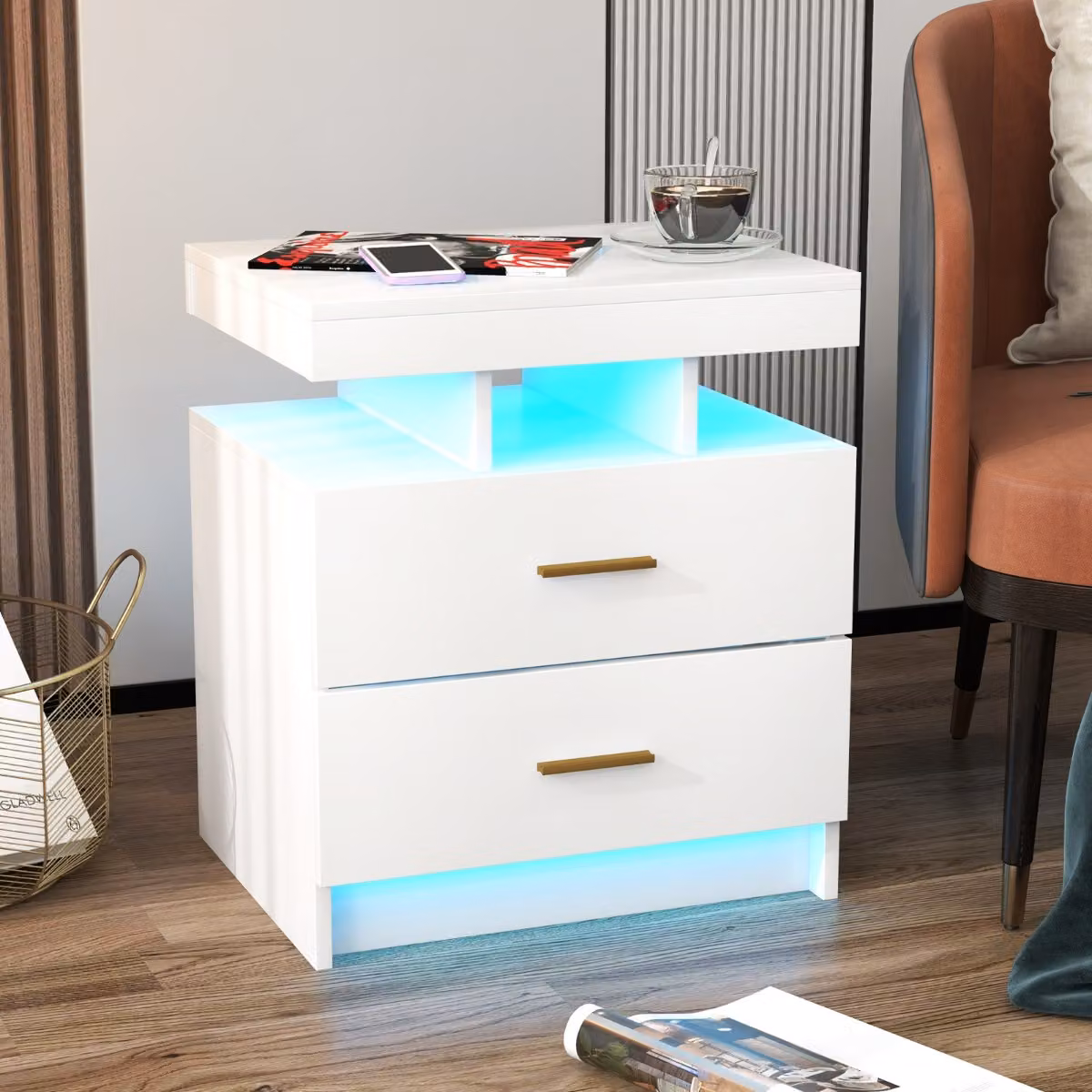 Comodino moderno Costway con illuminazione LED regolabile e telecomando, 2 cassetti, Bianco
