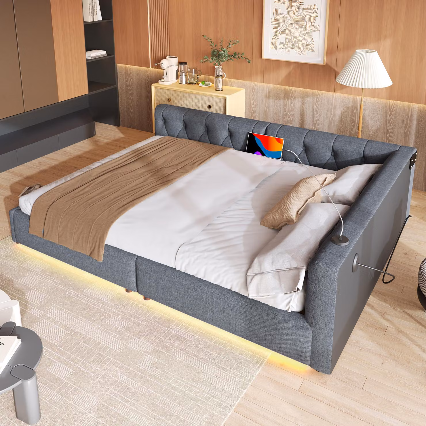 MODFU divano letto, daybed, 140x200cm, divano letto con rete a doghe illuminazione ambientale con telecomando, testata con bottoni, usb+lino tipo-c, grigio, con materasso