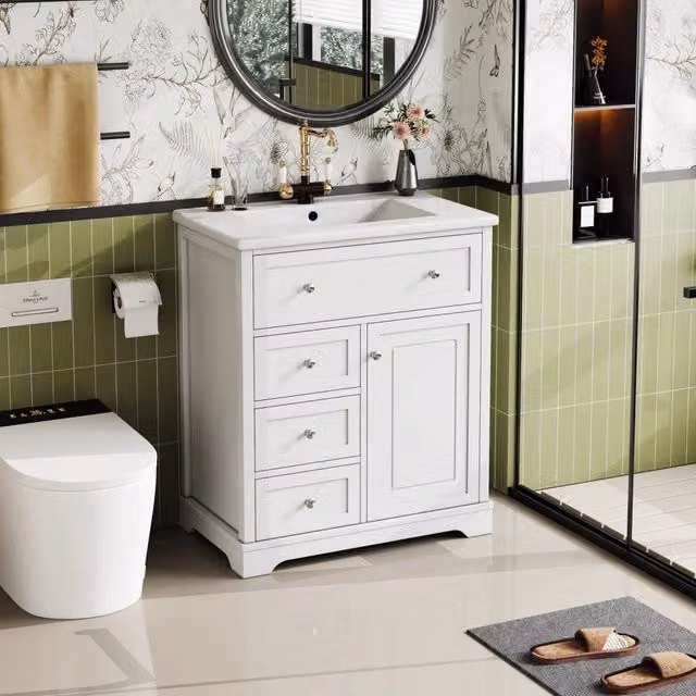 Mobile bagno da terra con lavabo in ceramica; 76x46x87 cm; MDF bianco