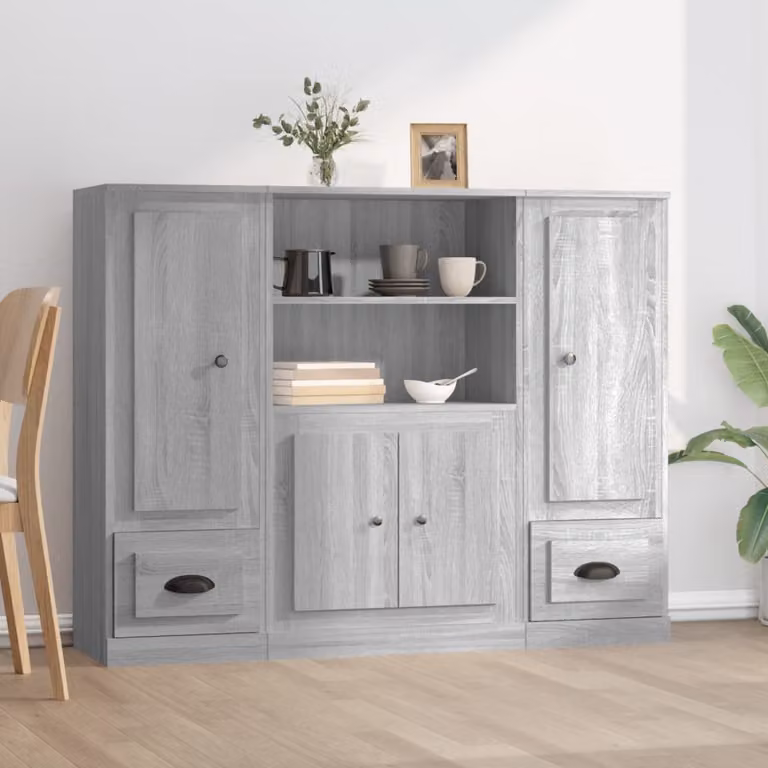 Set di 3 credenze vidaXL in legno multistrato e MDF, colore grigio e nero, design minimalista con ante a battente e ripiani aperti per soggiorno o sala da pranzo, L/P/H: 132 x 35,5 x 103,5 cm