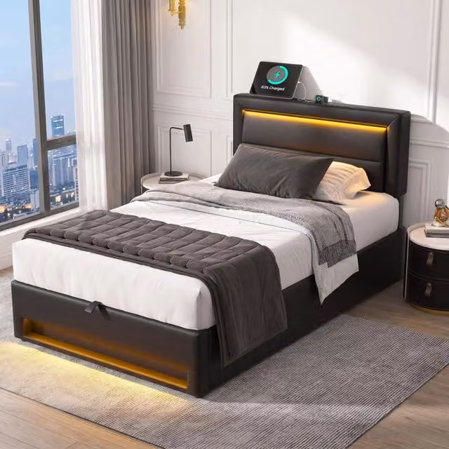 Desviae Letto singolo 90 × 190 cm con USB, LED regolabile e contenitore, senza materasso, in PU, nero