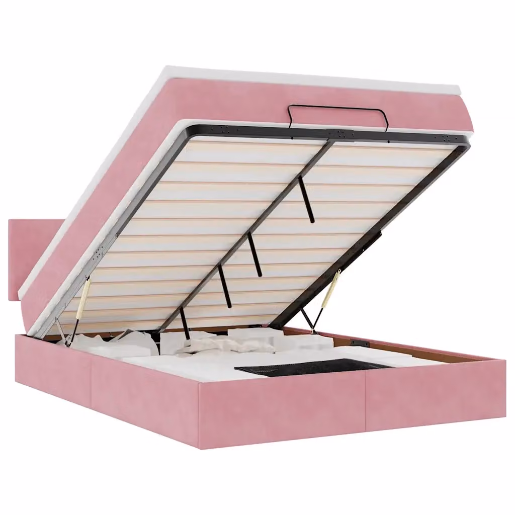 Letto con contenitore a sollevamento vidaXL in velluto rosa e bianco con materasso a molle L/P/H: 193 x 144 x 88 cm – 2