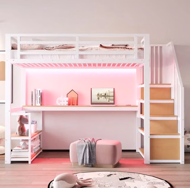 Letto a soppalco in metallo 90x200 cm bianco con scrivania; ripiani e scala contenitore