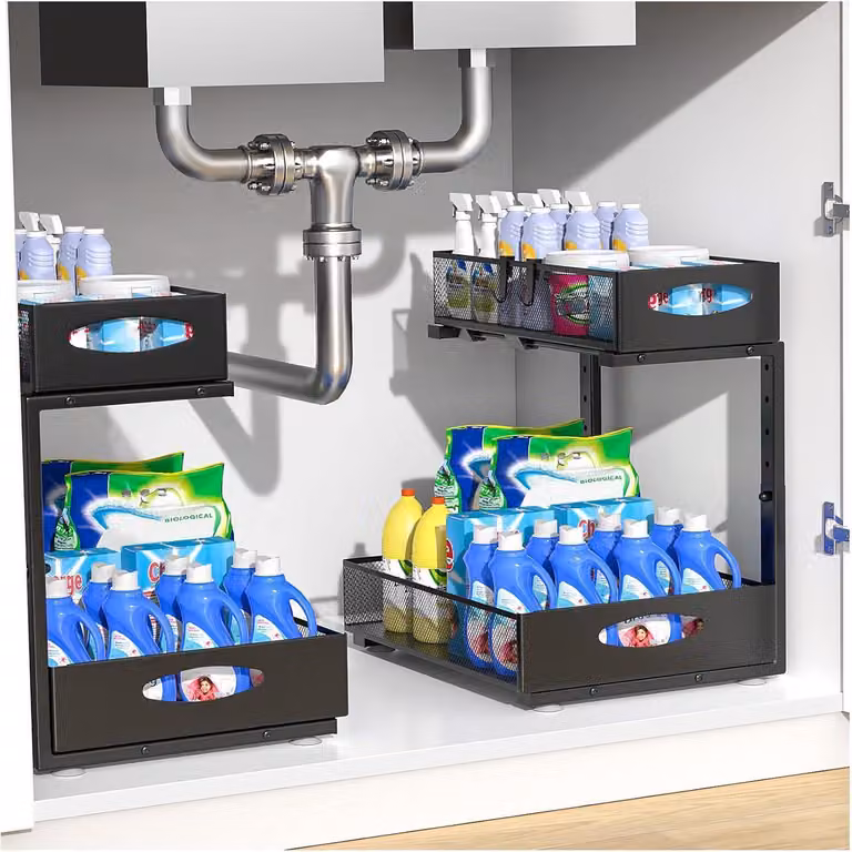 Organizzatore estraibile per lavello, 2 ripiani, metallo nero, 2 pezzi, larghezza 31 cm