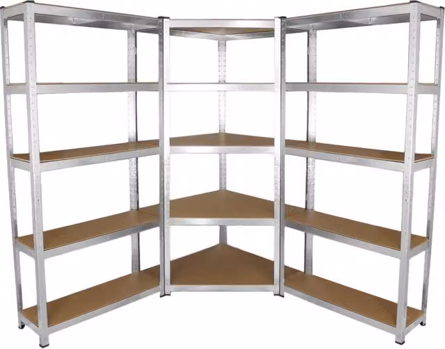 Set di scaffalature Monster Racking in metallo argento composto da 2 scaffali da 90 cm e 1 scaffale angolare con ripiani regolabili L/P/H: 180 x 90 x 30 cm