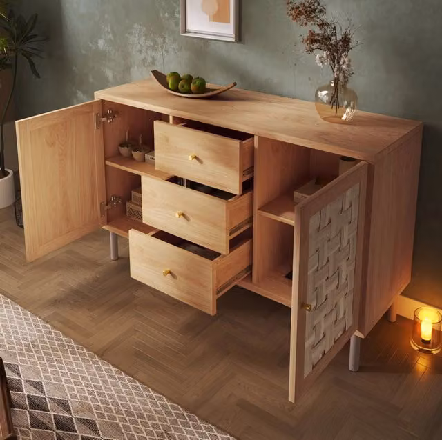 Credenza moderna in MDF e metallo con 2 ante e 3 cassetti, ripiani regolabili, color marrone, L: 120 cm, P: 40 cm, H: 75 cm