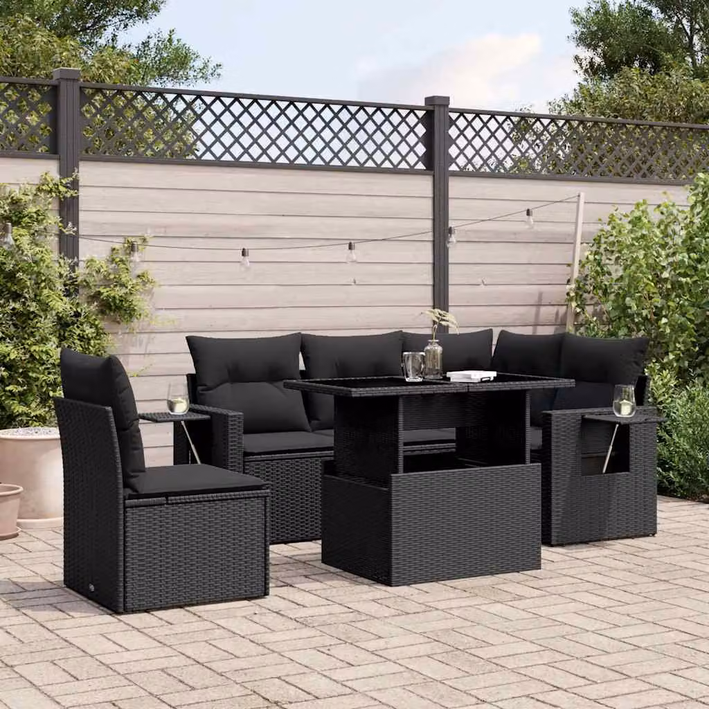 Set Divano da Giardino vidaXL a Forma di L in Polyrattan Nero con 6 Pezzi e Cuscini Inclusi – 1