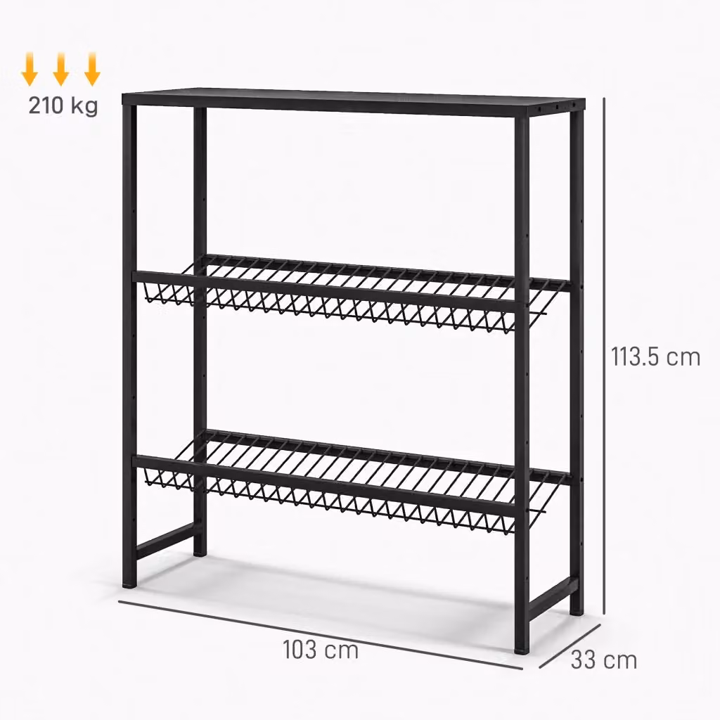 Scaffale porta cassette bevande WISHDOR in metallo nero opaco, modello freestanding con 3 ripiani regolabili, L: 103 cm, P: 33 cm, H: 113,5 cm – 2