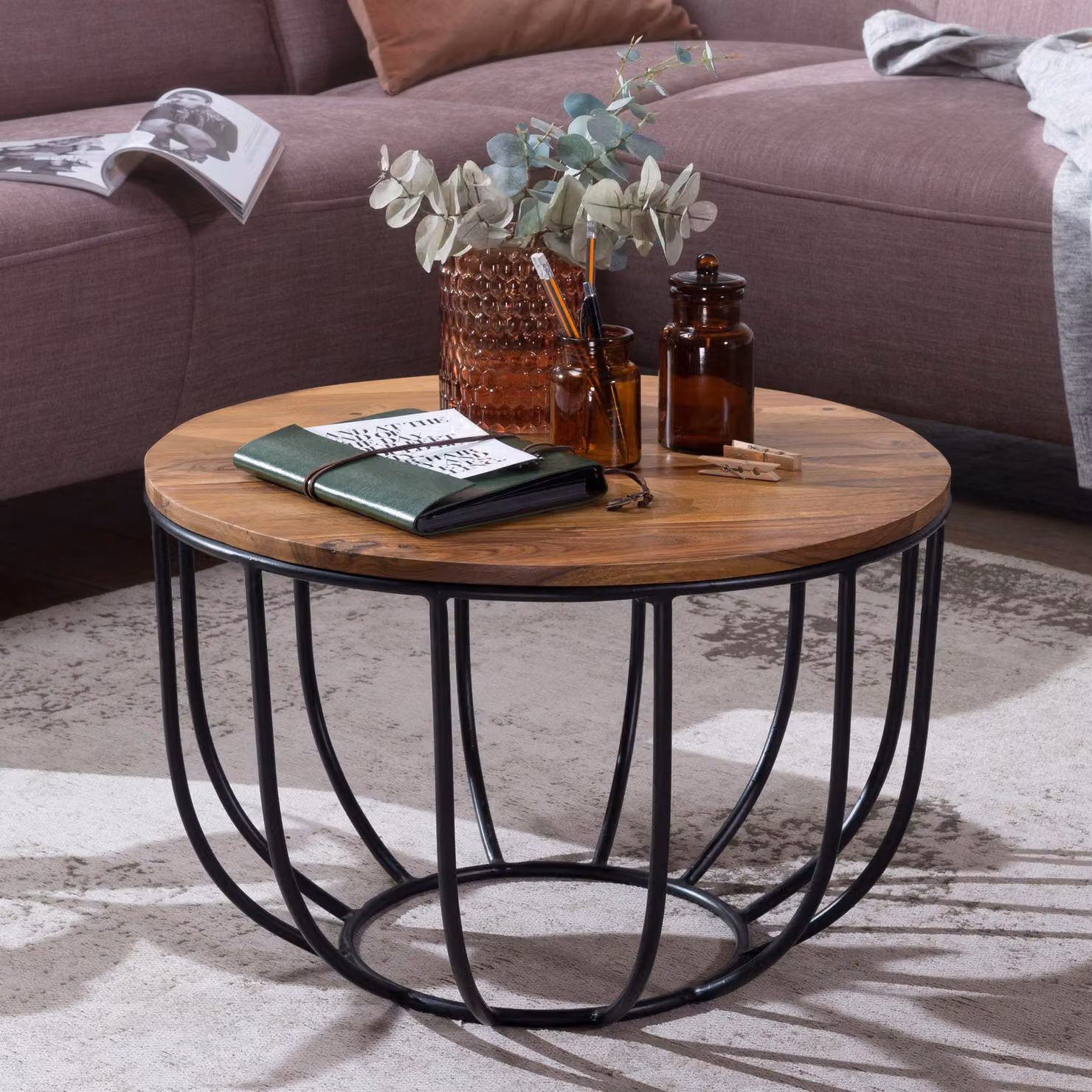 FineBuy Tavolino Sheesham rotondo Ø 60 cm - Tavolo da salotto in legno massiccio con struttura in metallo nero - Tavolo da divano di design industriale fatto a mano