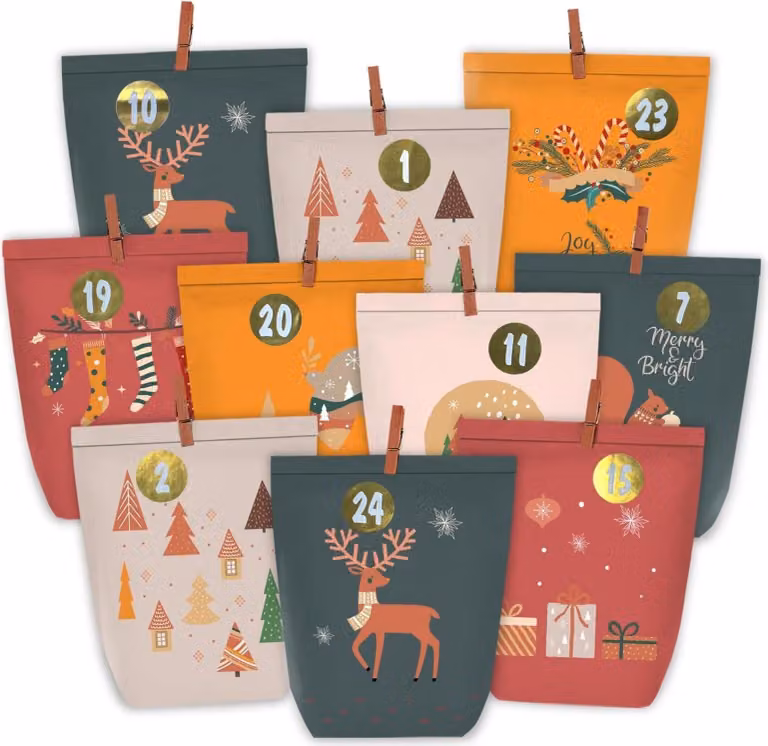 Calendario dell'Avvento da riempire 24 sacchetti natalizi Decorazione dell'Avvento fai da te in carta kraft auto-riempiente