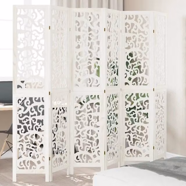 Divisorio Ambienti vidaXL in Legno di Paulownia Bianco con 6 Pannelli Moderno H: 215 cm, L: 200 cm, P: 210 cm