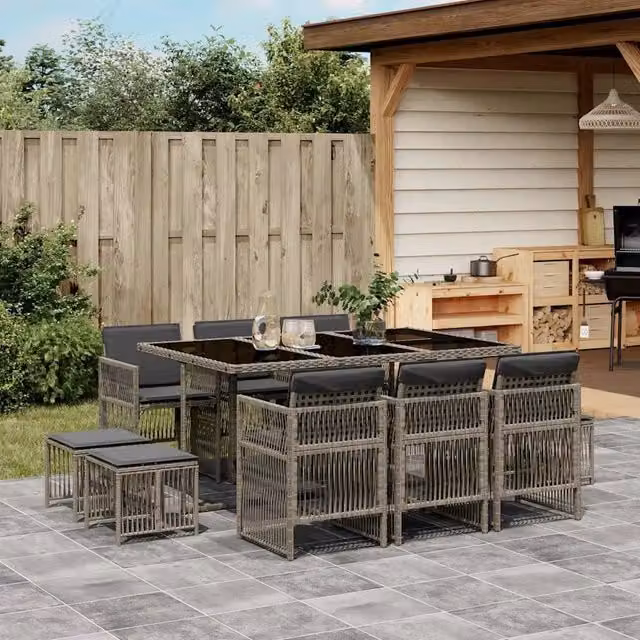 Set da Pranzo da Giardino 11pz con Cuscini in Polyrattan Grigio 3210968