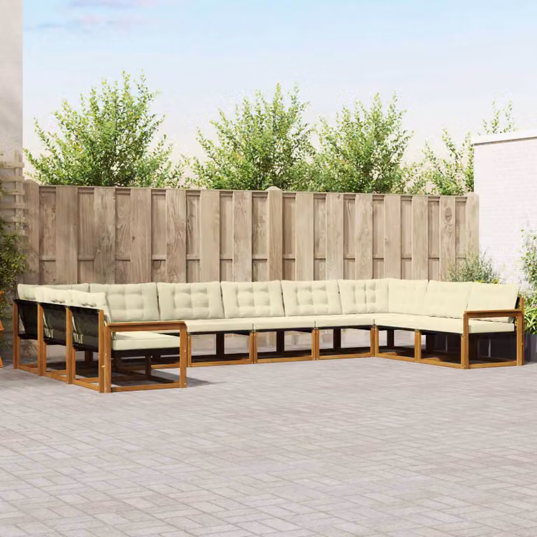 vidaXL Set di divani da esterno componibile a L in legno di acacia con cuscini in tessuto beige e bianco, 10 pezzi