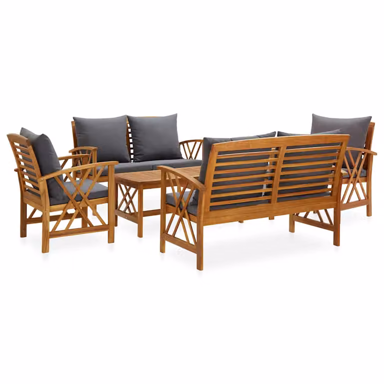 Set di divani da giardino vidaXL in legno di acacia oliato con cuscini grigi, 5 pezzi