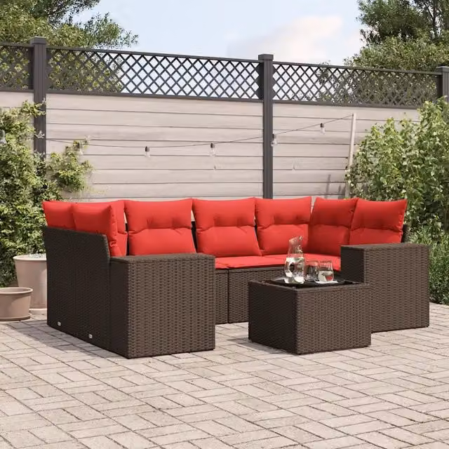 Set Divani da Giardino 7 pz con Cuscini Marrone in Polyrattan 3222323