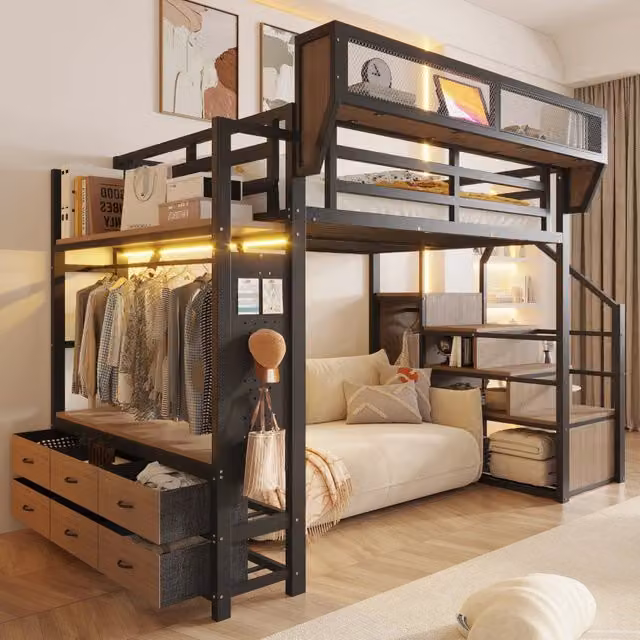 Letto a soppalco 140x200 cm con guardaroba; cassetto in tessuto; cestello removibile; barra appendiabiti e LED; metallo nero