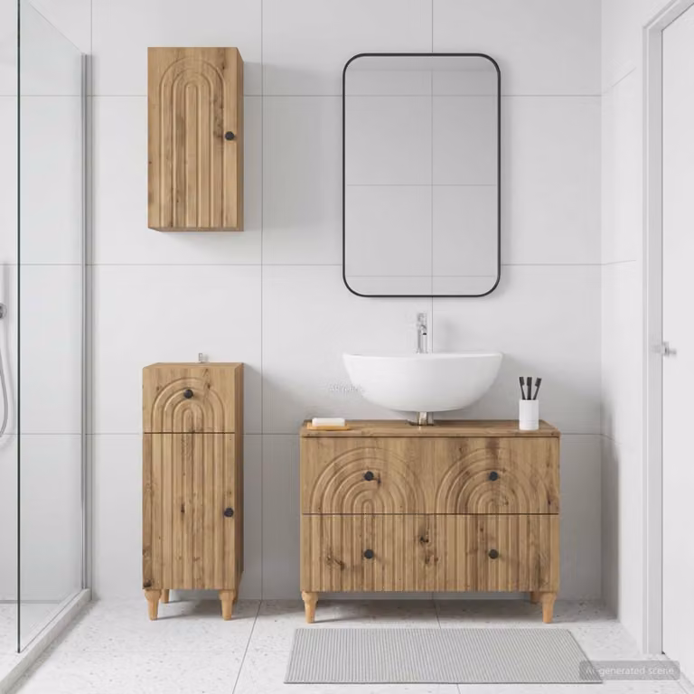 Set di armadietti da bagno vidaXL ALKMAAR in 3 pezzi, design minimalista in legno marrone, con mobile sottolavabo e pensili a muro