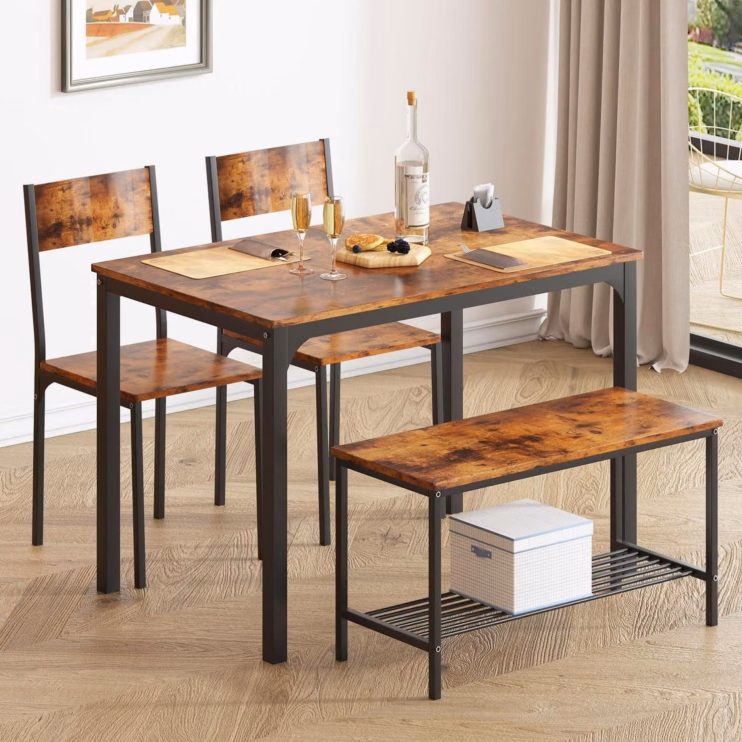 Set tavolo da pranzo per 4 persone con 2 sedie e una panca, dimensioni 110 cm, tavolo da cucina in MDF e metallo, stile retrò