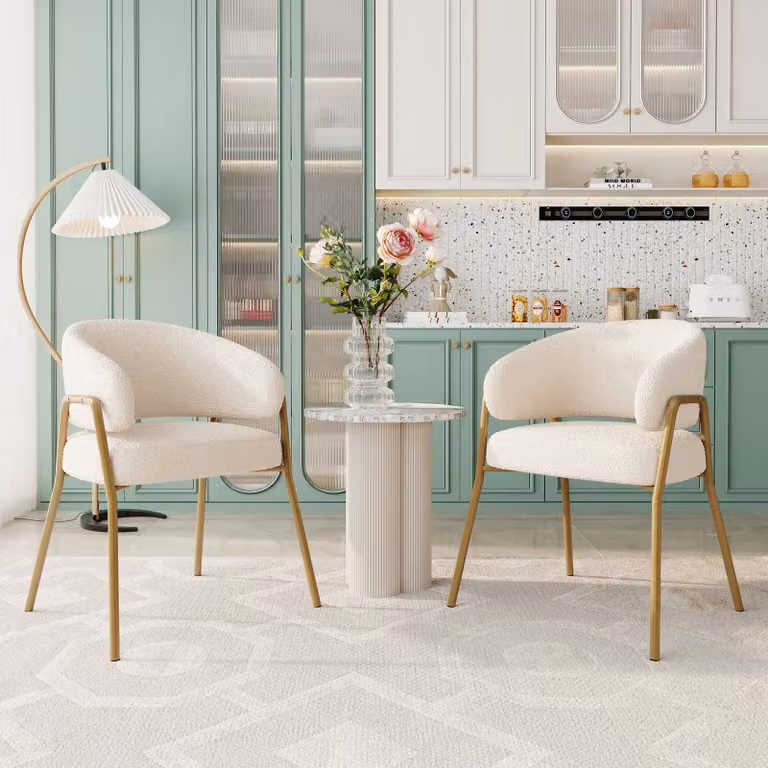 okwish Sedia da pranzo bianca, sedia da pranzo moderna in lana di pecora, verniciatura a spruzzo, finitura dorata, sedia da pranzo con gambe dorate (2 pezzi)