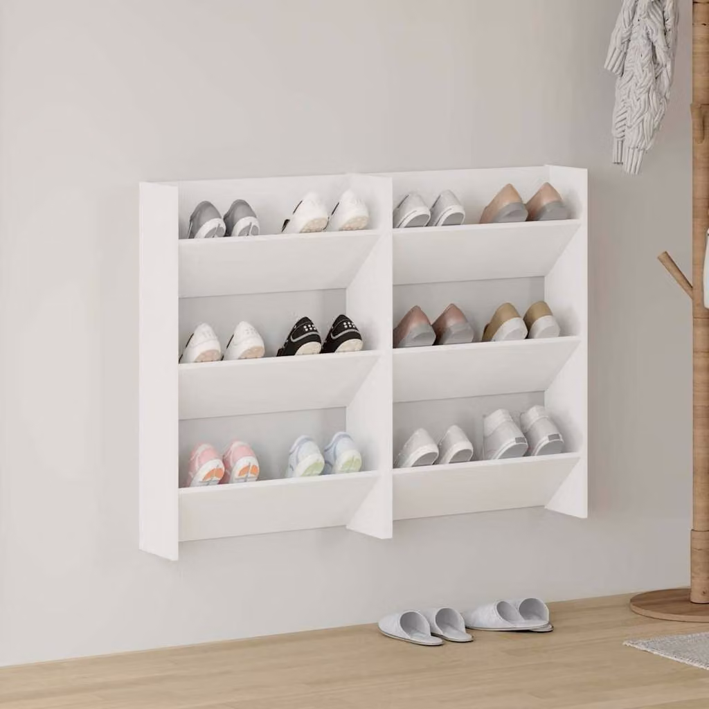 Set di 2 scarpiere da muro vidaXL bianche in legno multistrato con ripiani interni, L: 60 cm, P: 18 cm, H: 90 cm