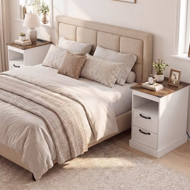 Set di 2 comodini rustici Costway con stazione di ricarica e 2 cassetti, colore bianco