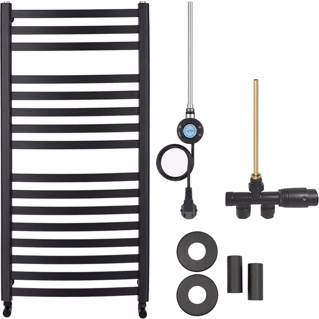 Kit radiatore per bagno Paolo - riscaldamento combinato, antenna Wi-Fi - collegamento laterale a un punto - 600W - nero opaco - 1090x550 mm