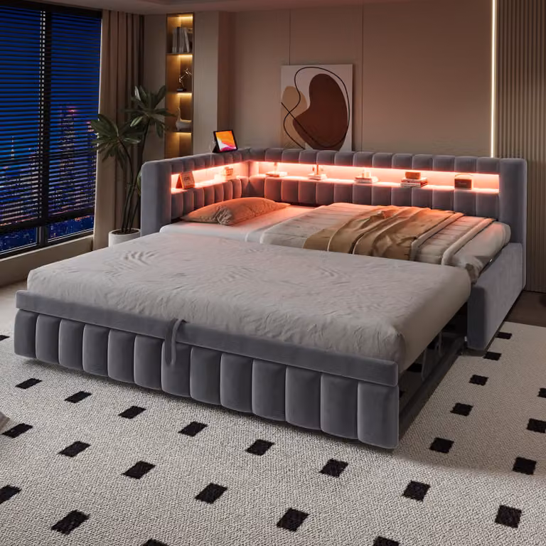 letto imbottito okwish 90×200 con illuminazione a LED, divano letto estraibile, letto matrimoniale con motivo classico a righe, struttura letto in legno con porta di ricarica USB, grigio, senza materasso