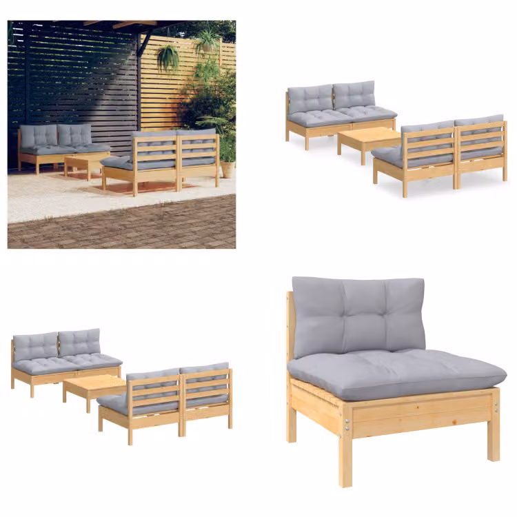 vidaXL set da salotto da giardino 5 pezzi con cuscini grigi in legno di pino - set da salotto da giardino - set da salotto da giardino - set da salotto